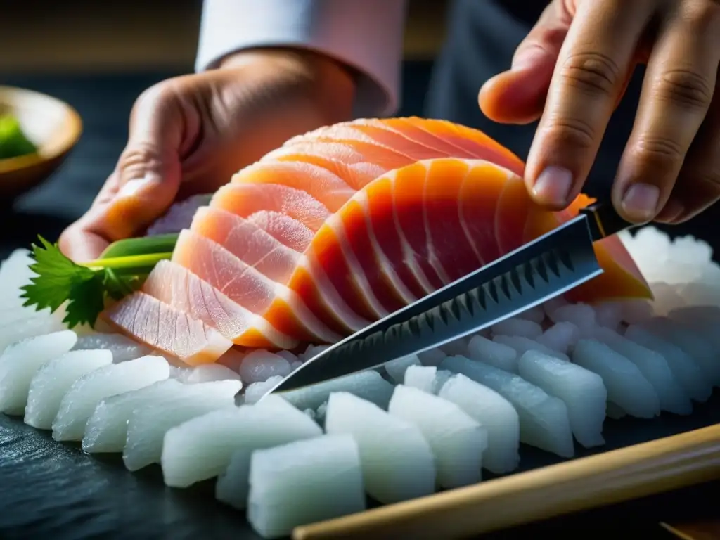 Un chef japonés experto en técnicas de cocina japonesa milenarias corta con precisión un sashimi fresco