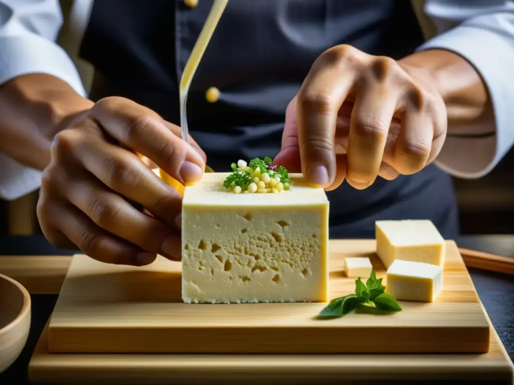 Maestro japonés creando tofu a mano: arte culinario en detalle Un chef japonés experto transformando tofu a mano, mostrando la delicadeza y precisión en la cocina