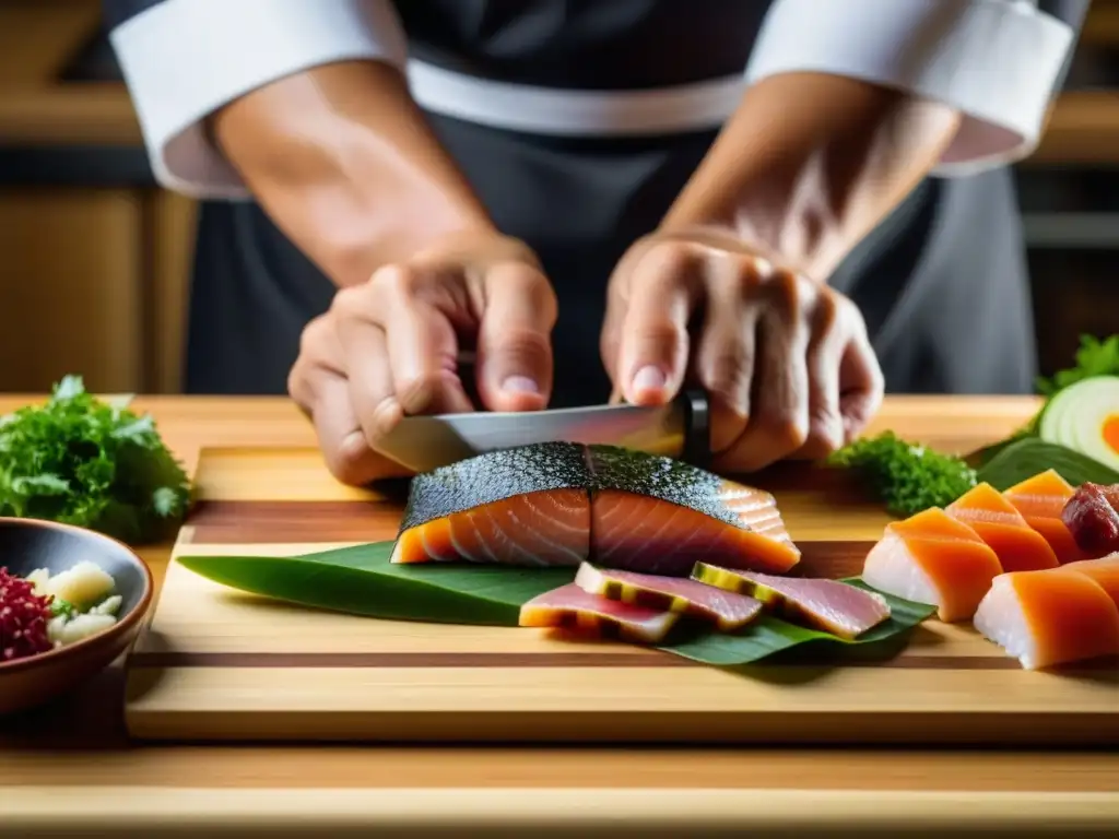 Chef fusionando sabores: sashimi japonés con toques portugueses Un chef japonés prepara una fusión culinaria con ingredientes portugueses, mostrando la historia de la cocina portuguesa en Japón