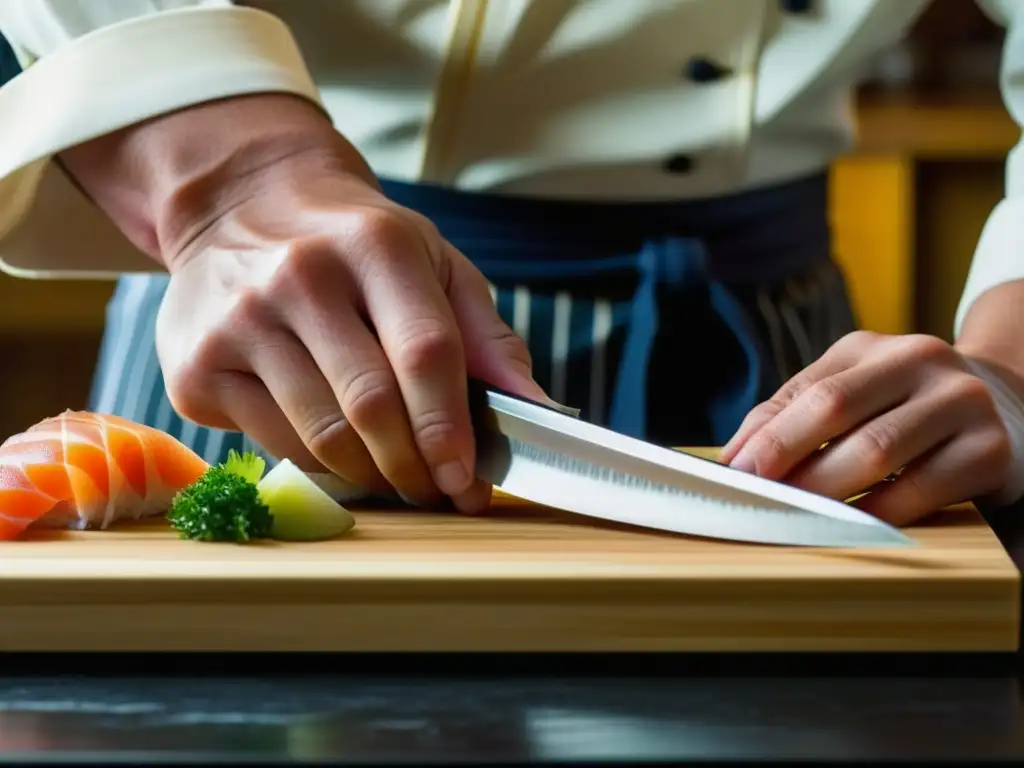 Un chef japonés habilidoso corta sashimi con precisión en una cocina tradicional, reflejando la historia y tradiciones culinarias japonesas