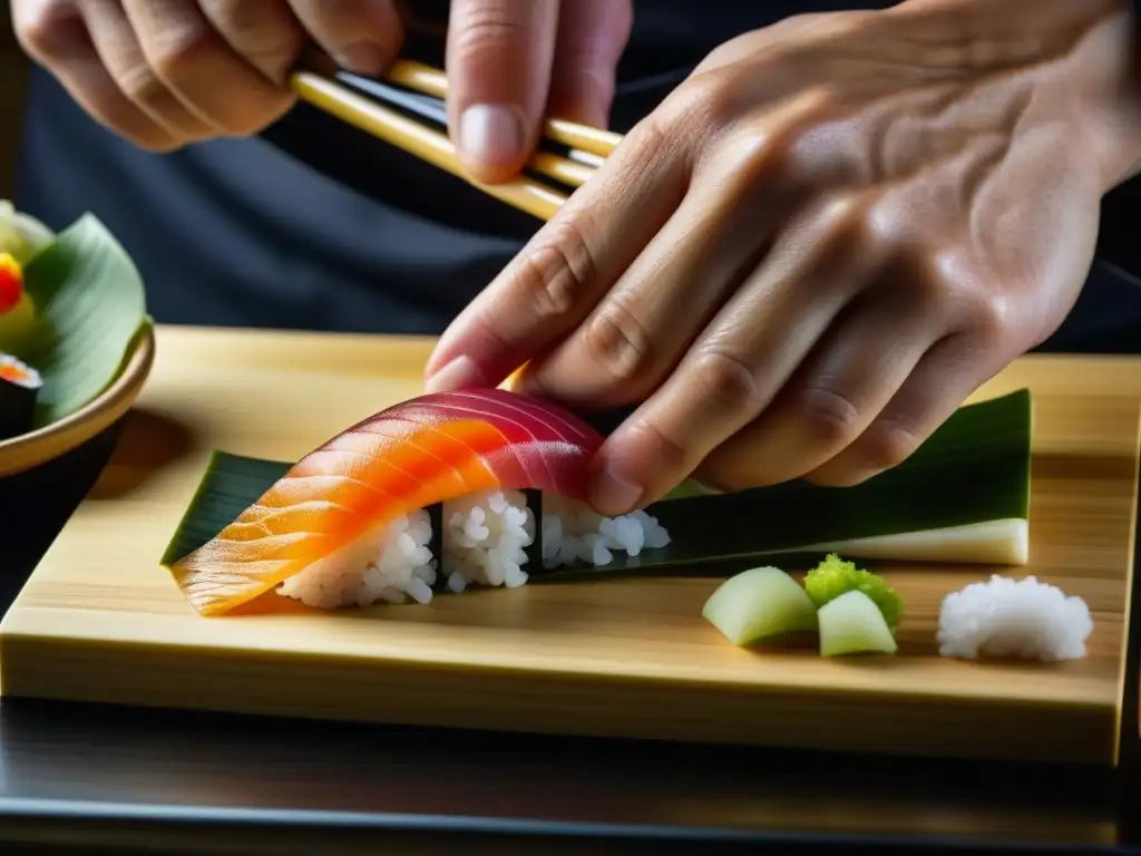 Un chef japonés preservando la historia culinaria cultural mundial al crear sushi con precisión y arte