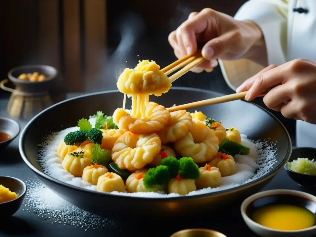 Un chef japonés sumerge ingredientes en tempura dorada