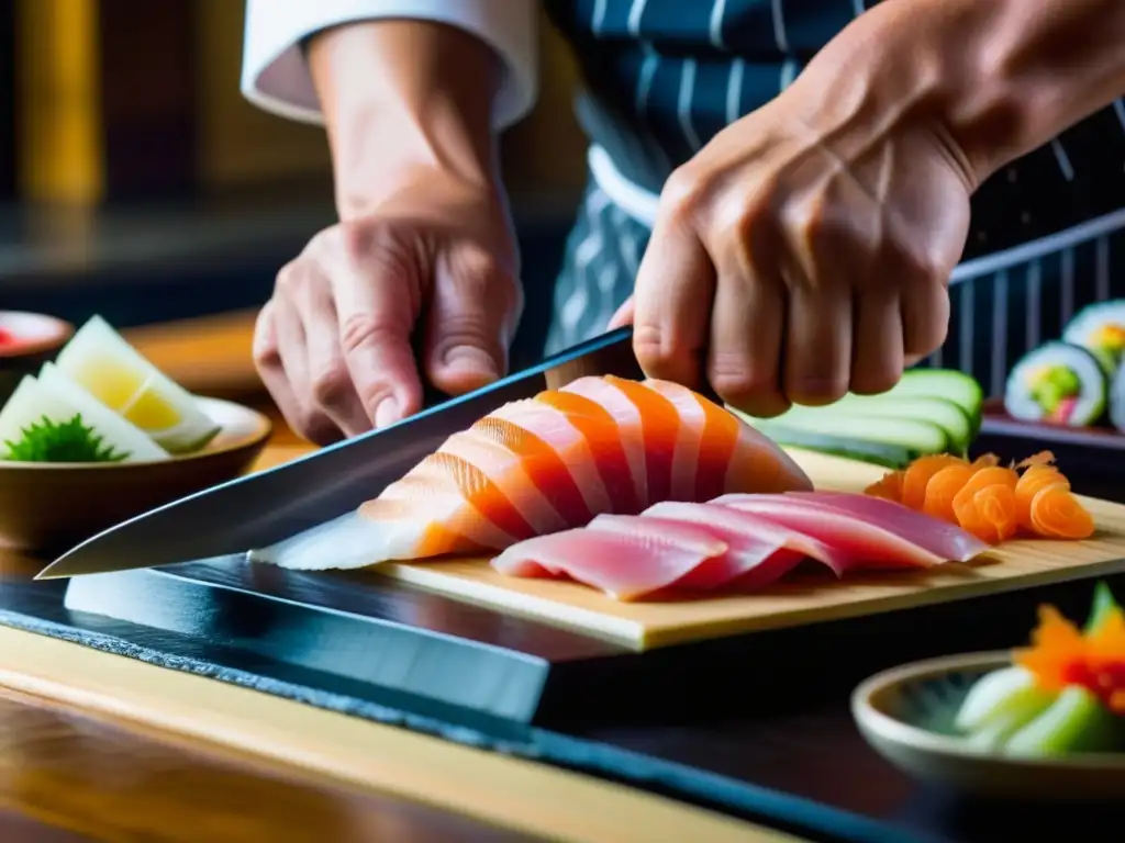 Un chef japonés en la Era Meiji corta sashimi con precisión en un entorno tradicional de cocina japonesa, mostrando habilidades con cuchillo