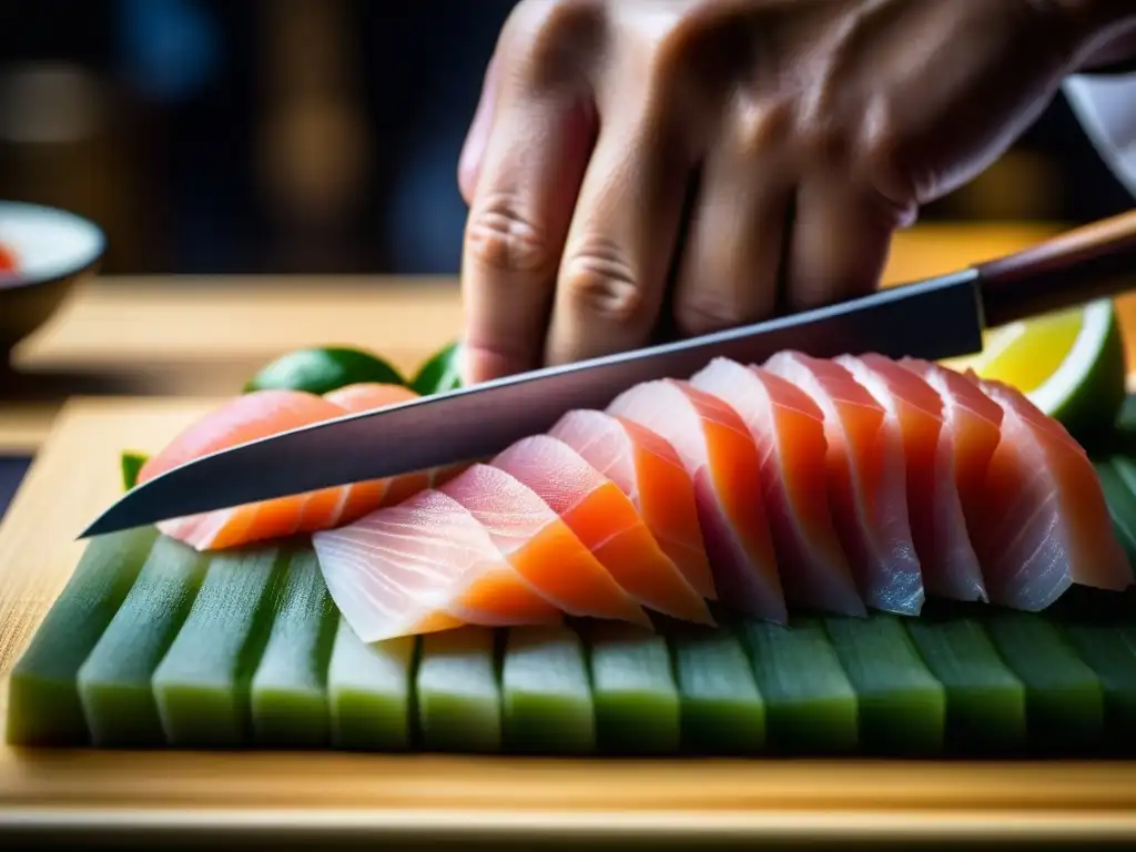 Chef japonés en la Era Meiji cortando sashimi con precisión y maestría, resaltando la influencia gastronómica japonesa