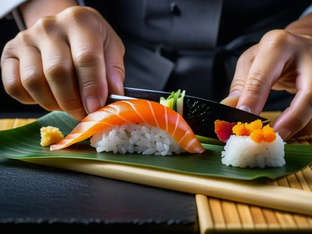 Chef japonés creando nigiri con precisión