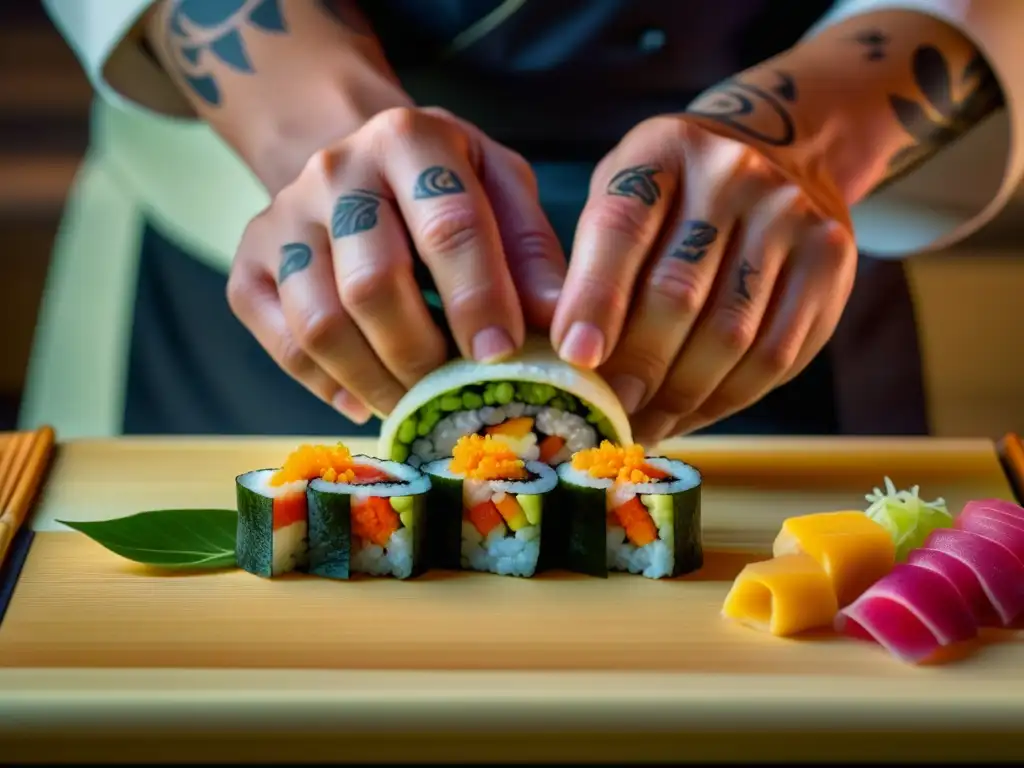 Un chef japonés del período Meiji muestra su destreza al preparar sushi, reflejando la expansión de la cocina japonesa