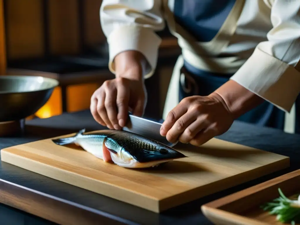 Chef japonés fileteando pescado fresco con precisión en cocina rústica de la Era Edo