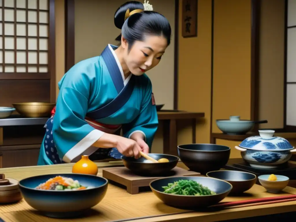 Chef japonés preparando delicado plato: detallada impresión de ukiyo-e Chef japonés preparando plato delicado en cocina de la Era Edo