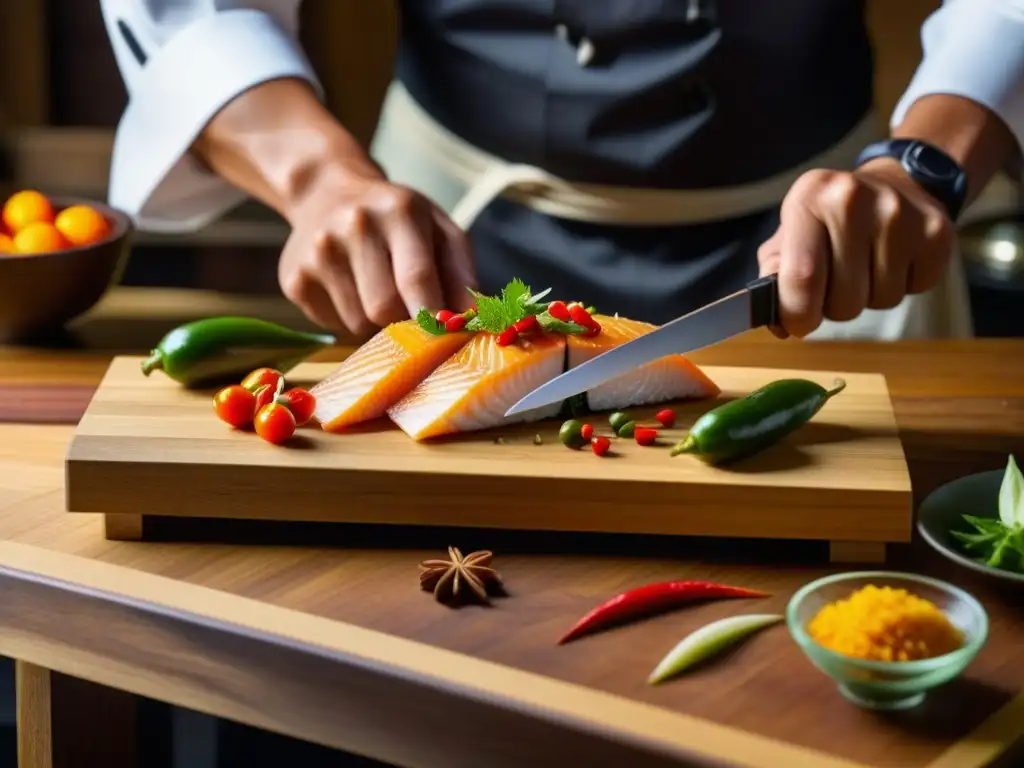 Chef japonés preparando plato fusión con influencia portuguesa