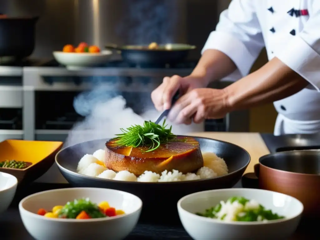 Chef japonés fusionando sabores: la magia de la cocina portuguesa-japonesa Un chef japonés prepara plato portugués en cocina bulliciosa, fusionando técnicas culinarias