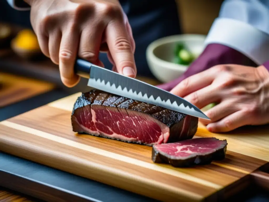 Chef japonés cortando con precisión un Wagyu, resaltando el arte culinario y el umami en la gastronomía japonesa