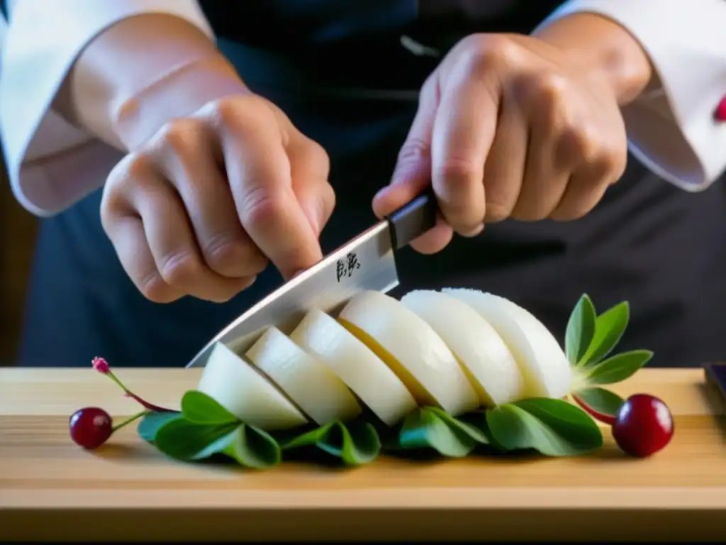 Chef japonés cortando rábano daikon con precisión, reflejando la importancia cultural de la cocina estacional japonesa