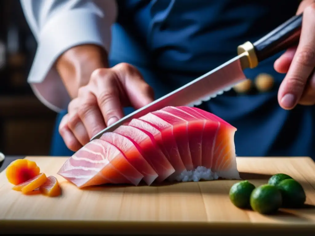 Chef japonés cortando sashimi con precisión y arte