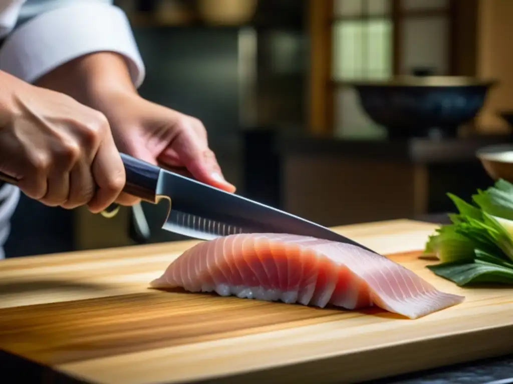 Un chef japonés cortando sashimi con precisión en cocina tradicional