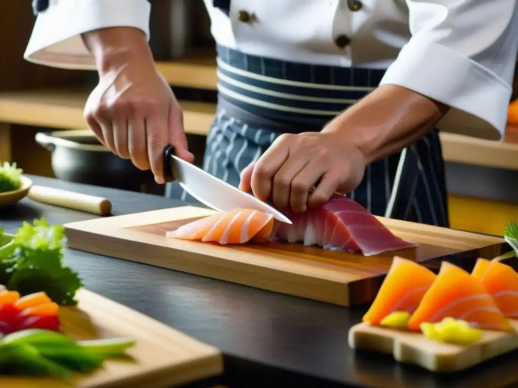 Un chef japonés cortando sashimi con precisión, en una cocina tradicional