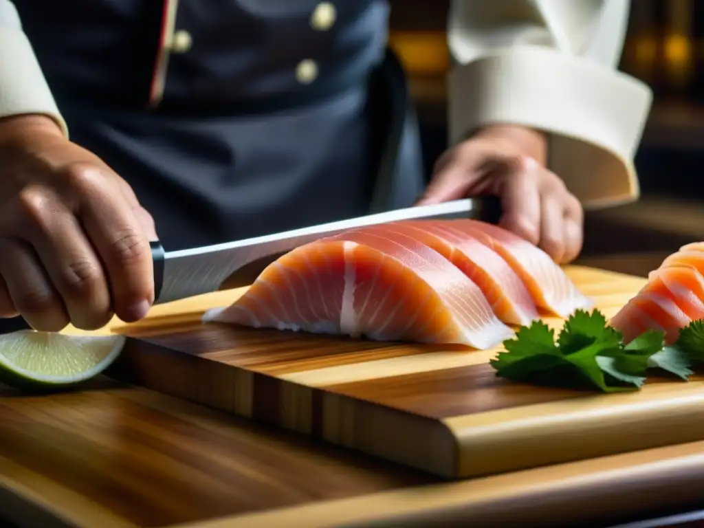 Un chef japonés cortando sashimi fresco en una cocina tradicional japonesa, historia cocina japonesa tradiciones