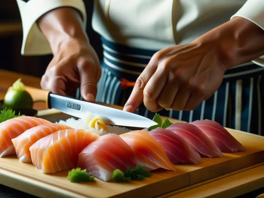 Un chef japonés cortando sashimi fresco con precisión, detalle y concentración, en la Era Edo