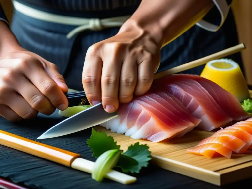 Un chef japonés en la Era Heian cortando sashimi con precisión y reverencia, destacando la cocina japonesa