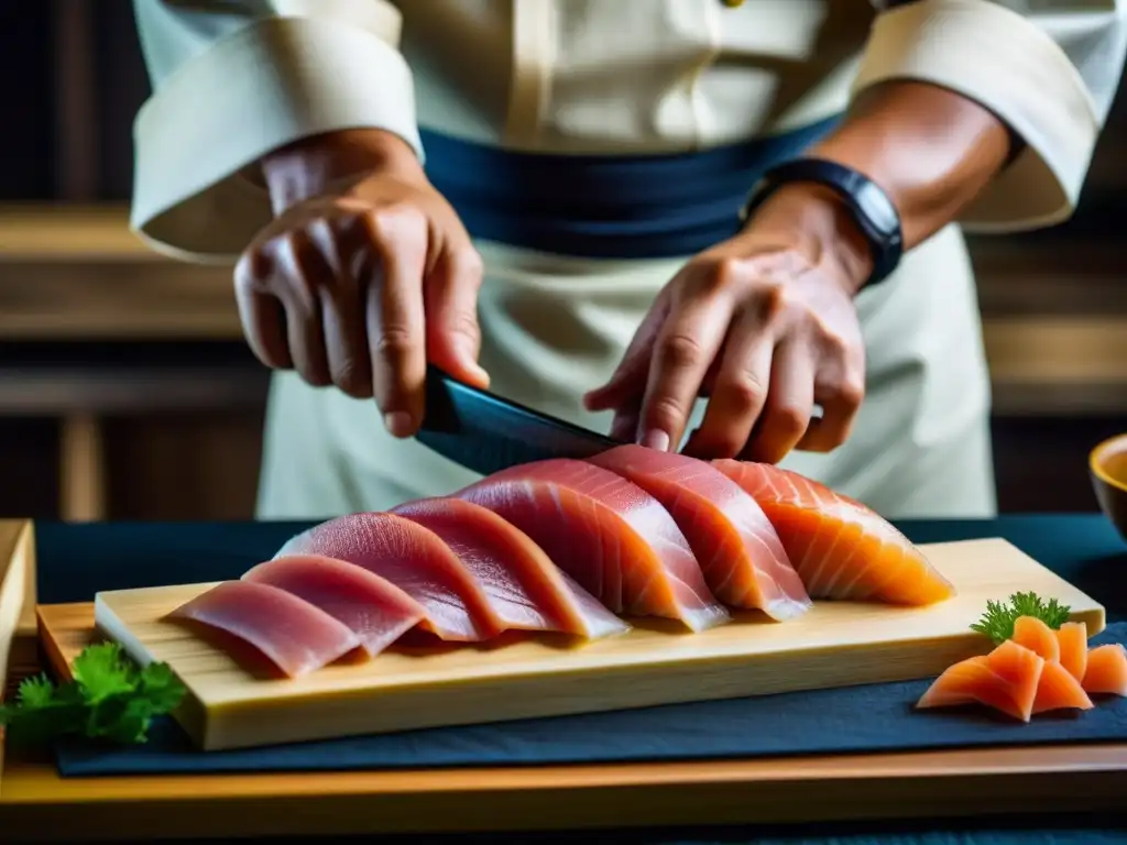 Un chef japonés cortando sashimi con precisión, mostrando la alimentación sostenible en Japón medieval