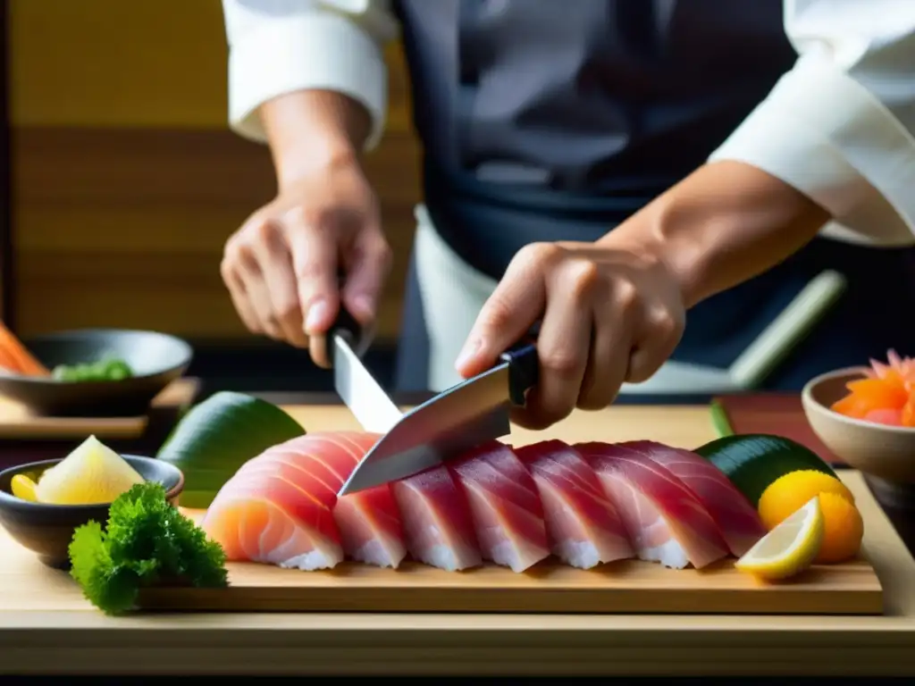 Chef japonés cortando sashimi con precisión en jardín Zen