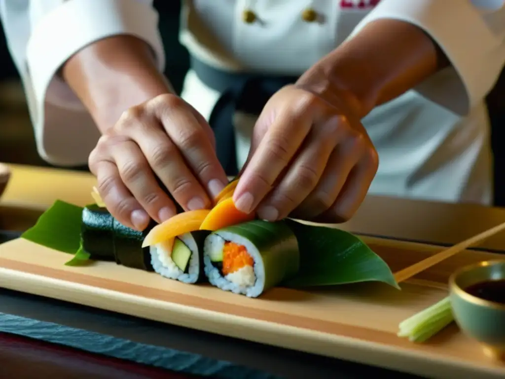 Un chef japonés crea sushi con arte y precisión, reflejando la historia culinaria cultural mundial