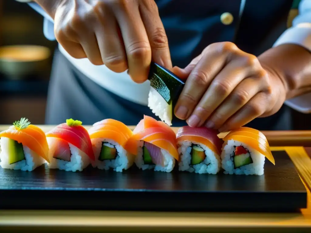 Chef japonés creando sushi con detalle y destreza