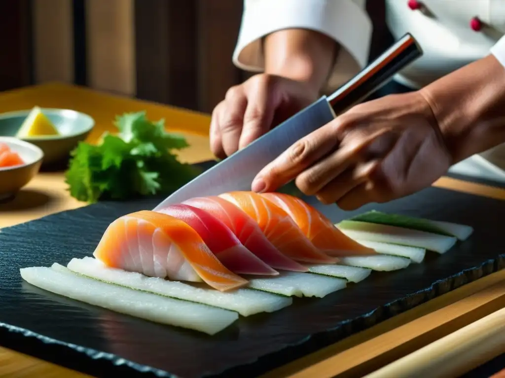 Un chef japonés tradicional corta sashimi con precisión y destreza, destacando la historia culinaria cultural mundial