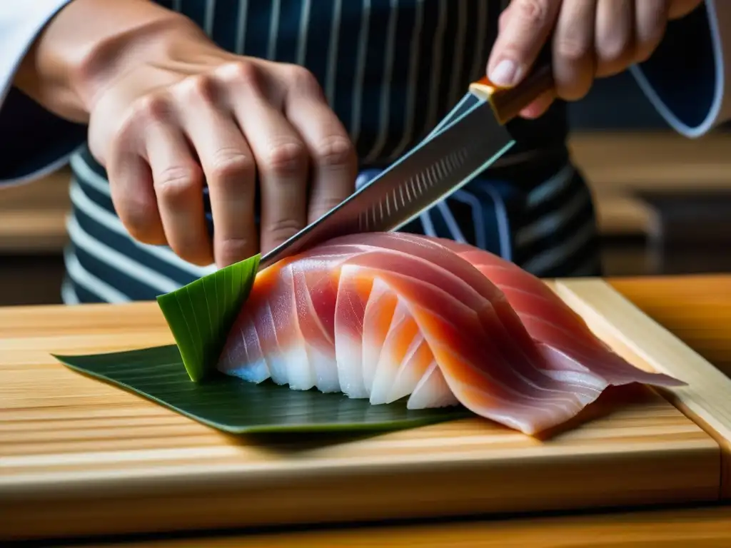 Un chef japonés tradicional corta sashimi con precisión en tabla de madera, mostrando la cultura alimentaria de Japón desde la Restauración Meiji