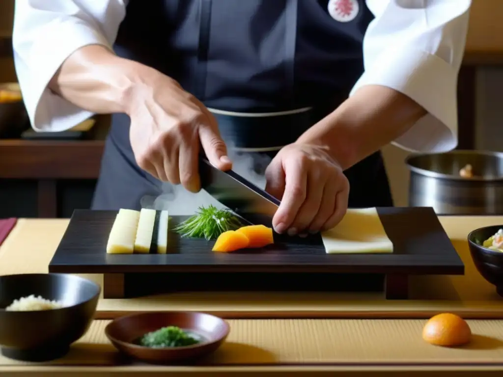 Un chef japonés tradicional durante la Restauración Meiji, preparando con precisión un exquisito plato