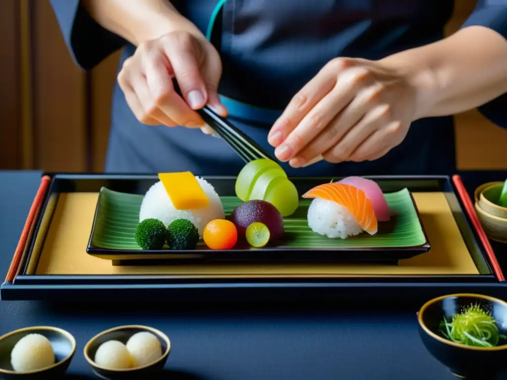 Un chef japonés tradicional arregla meticulosamente un menú kaiseki en una bandeja de laca, mostrando el origen y evolución del kaiseki