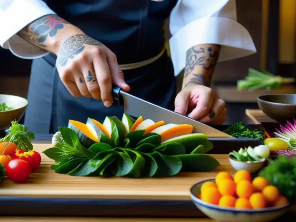 Un chef japonés tradicional preparando un plato de la Era Meiji con precisión