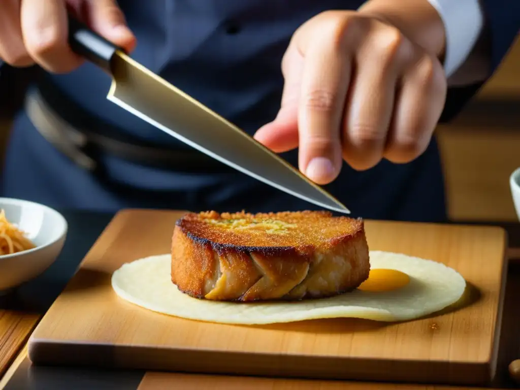 Maestro japonés preparando Katsudon: detalle de corte preciso Chef japonés preparando Katsudon con precisión