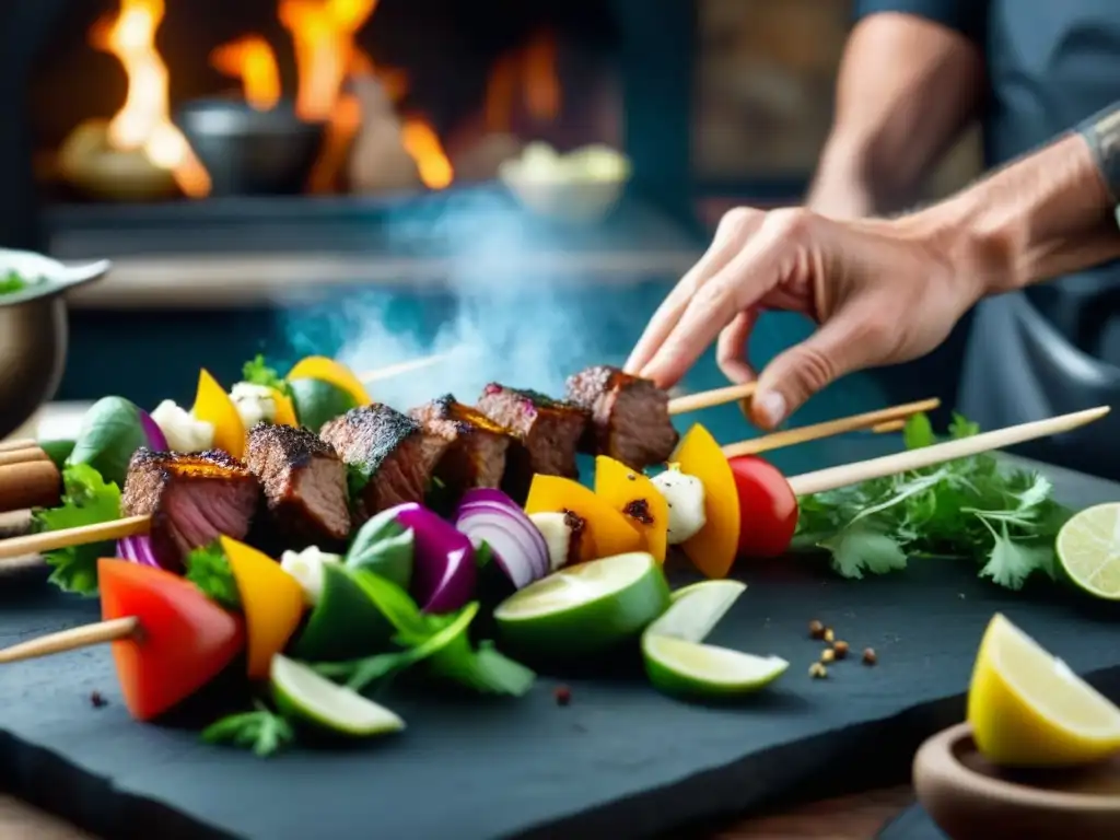 Chef preparando un kebab tradicional del Medio Oriente con ingredientes coloridos y especias aromáticas en cocina rústica