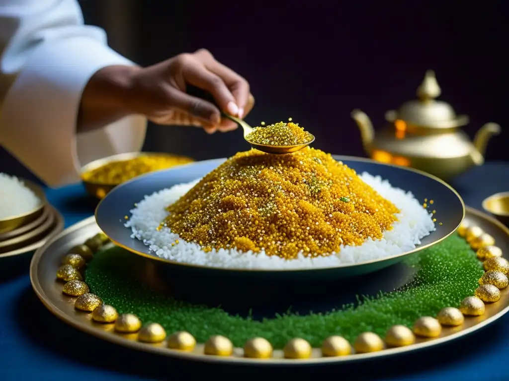 Un chef Mughal esparciendo láminas de oro sobre un plato lujoso y detallado en una cama de arroz azafranado