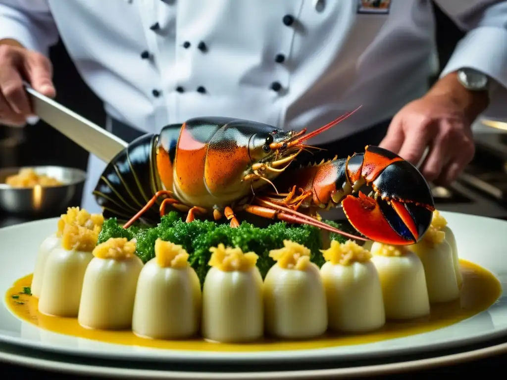 Un chef prepara con maestría una Langosta a la Thermidor en una cocina de alta gama