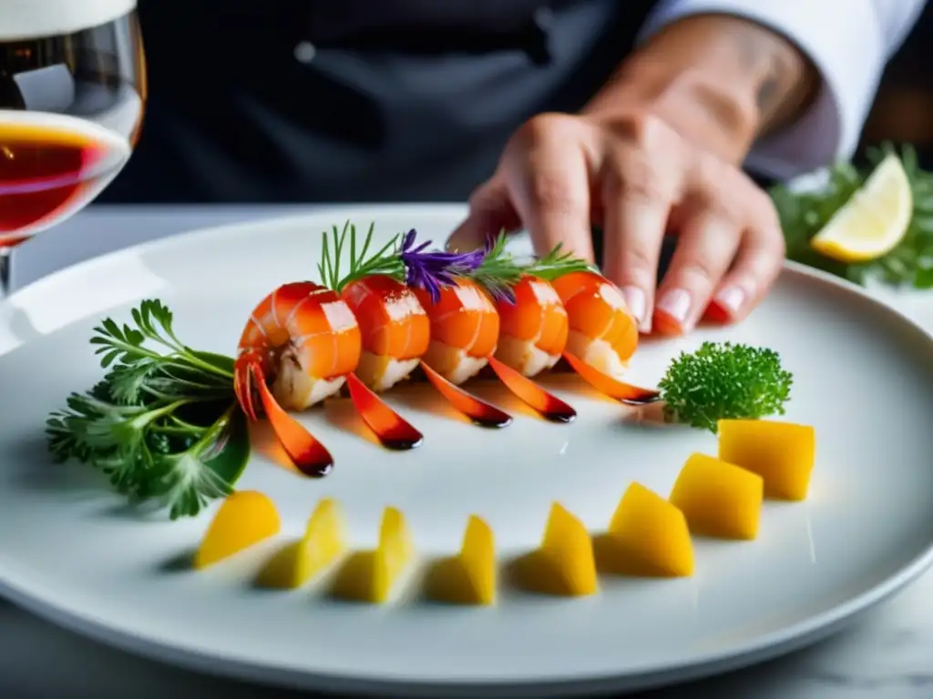 Un chef coloca un langostino perfectamente cocido en un plato blanco, rodeado de decoraciones vibrantes y una salsa lujosa