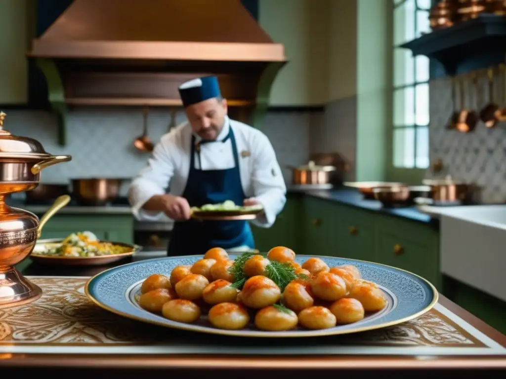 Un chef prepara langostinos en una lujosa cocina aristocrática del siglo XVIII, evocando recetas históricas y diplomacia culinaria