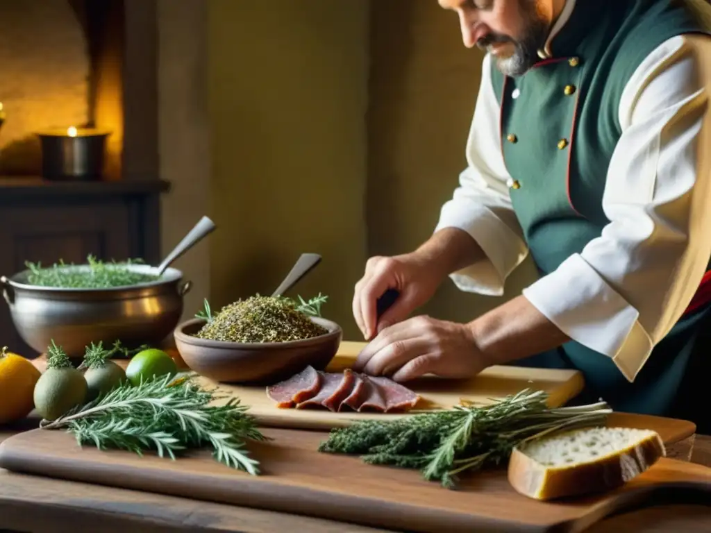 Un chef esparciendo laurel y tomillo sobre alimentos medievales conservados, resaltando la influencia cultural y gastronómica