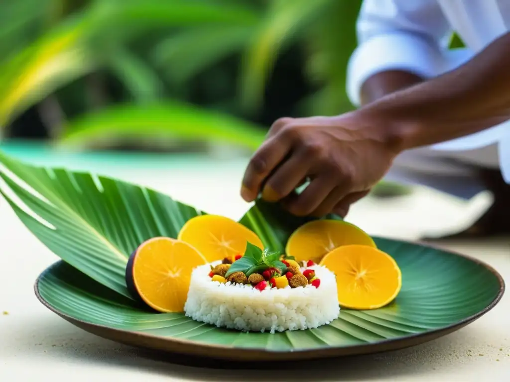 Chef local preparando una receta histórica Islas Maldivas en una playa paradisíaca