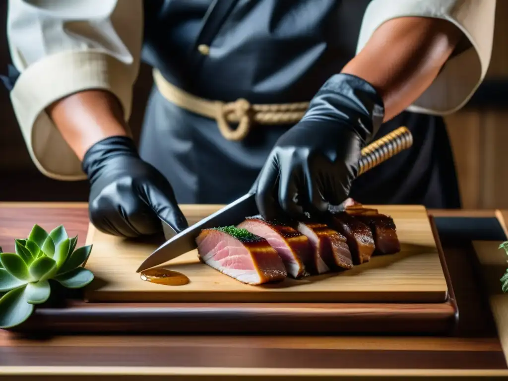 Un chef samurái japonés prepara meticulosamente lonjas de cerdo, mostrando la intrincada técnica del corte en una tabla de madera rústica