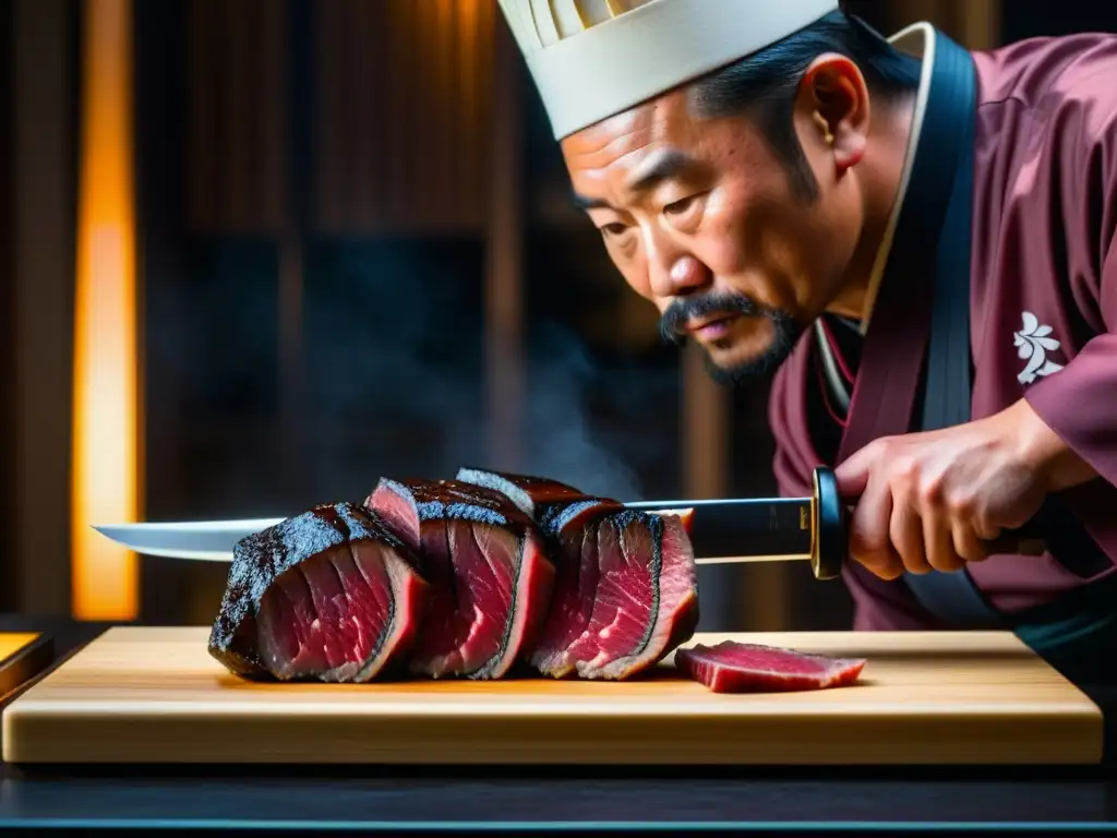 Un chef samurái cortando Wagyu con precisión bajo la luz de linternas japonesas