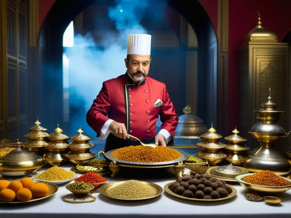 Un chef maestro en atuendo otomano preparando una opulenta festín en Topkapi