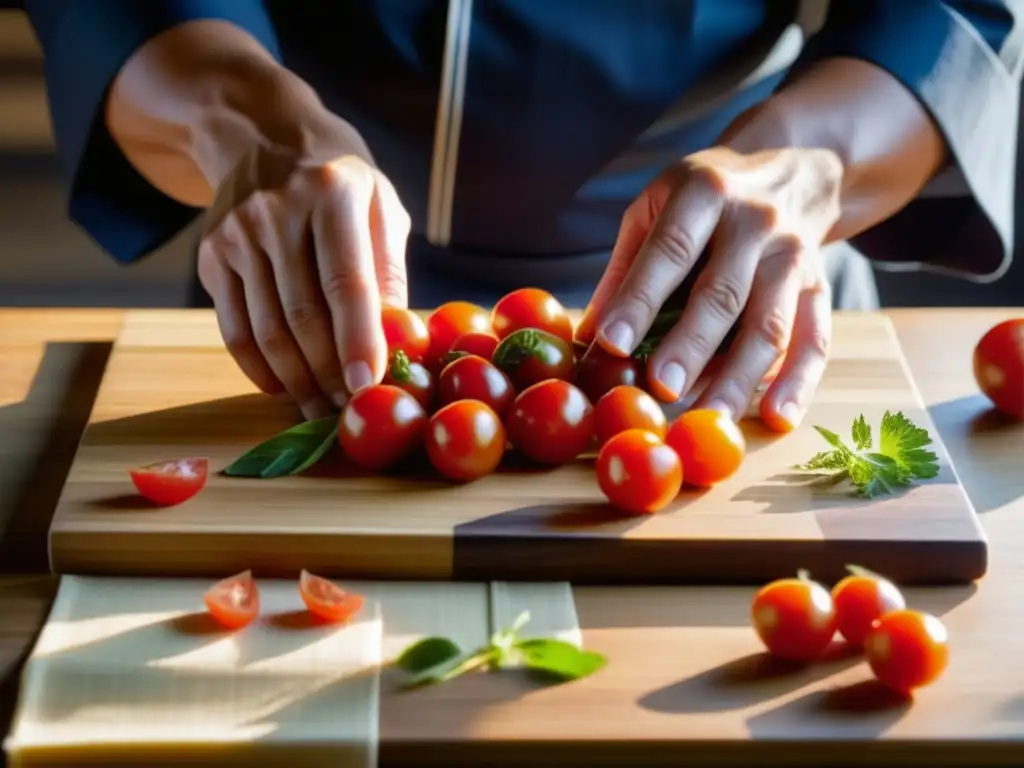 Un chef maestro Zen arregla con delicadeza ingredientes frescos en una tabla de corte japonesa de madera