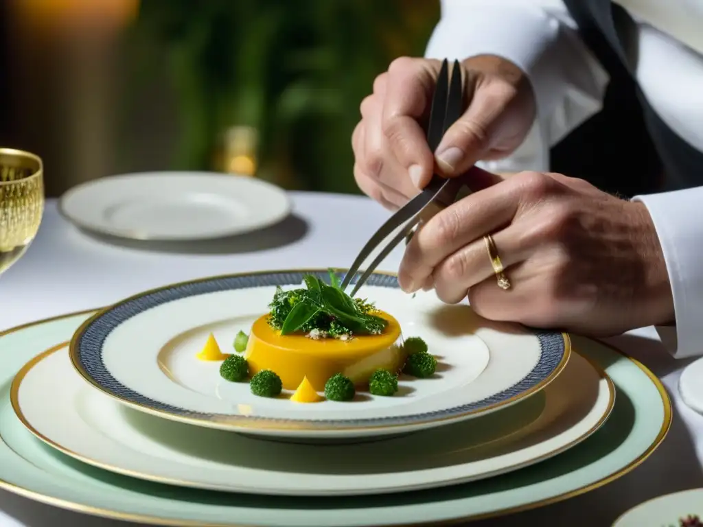 Un chef maestro elabora un exquisito plato en una cena de Estado, reflejando la alta cocina y su influencia en la gastronomía