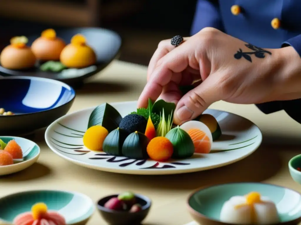 Un chef maestro arregla con precisión ingredientes kaiseki en un plato blanco, mostrando la artesanía