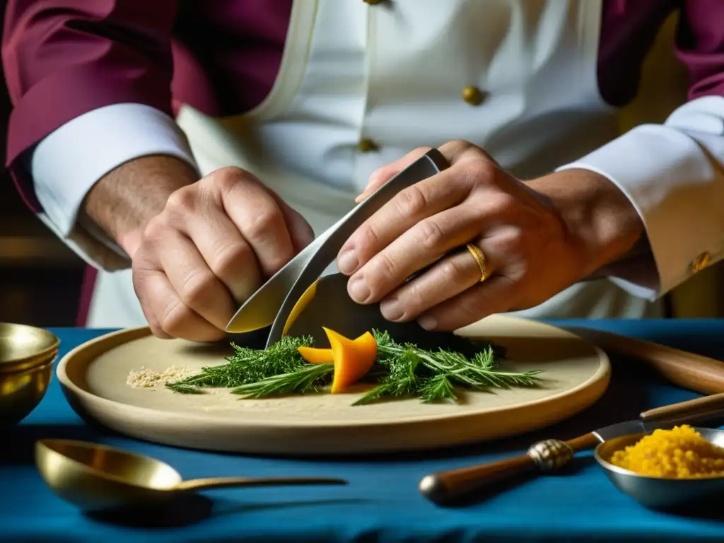 Un chef maestro elaborando una receta histórica en subastas gastronómicas, destacando precisión y arte culinario