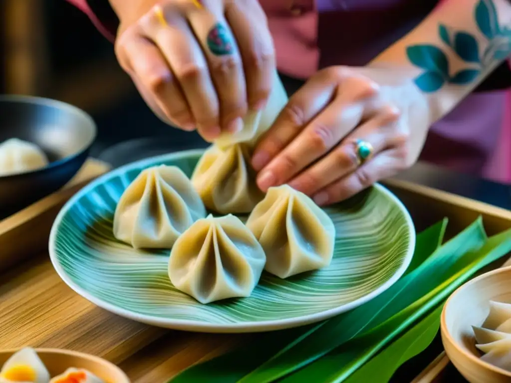 Un chef maestro adopta técnicas culinarias asiáticas al plegar un dumpling tradicional