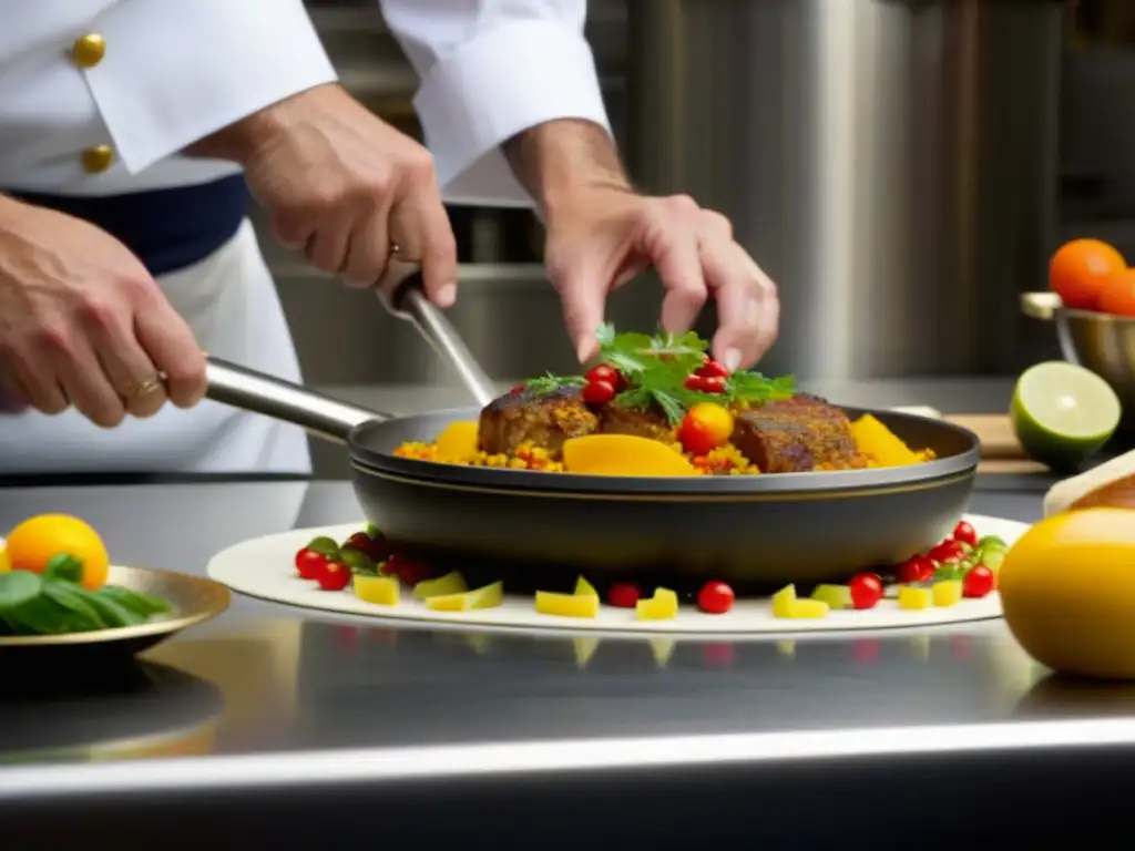 Chef maestro fusionando cocina real española y tendencias contemporáneas Un chef maestro fusiona técnicas culinarias históricas de la monarquía española con tendencias gastronómicas contemporáneas