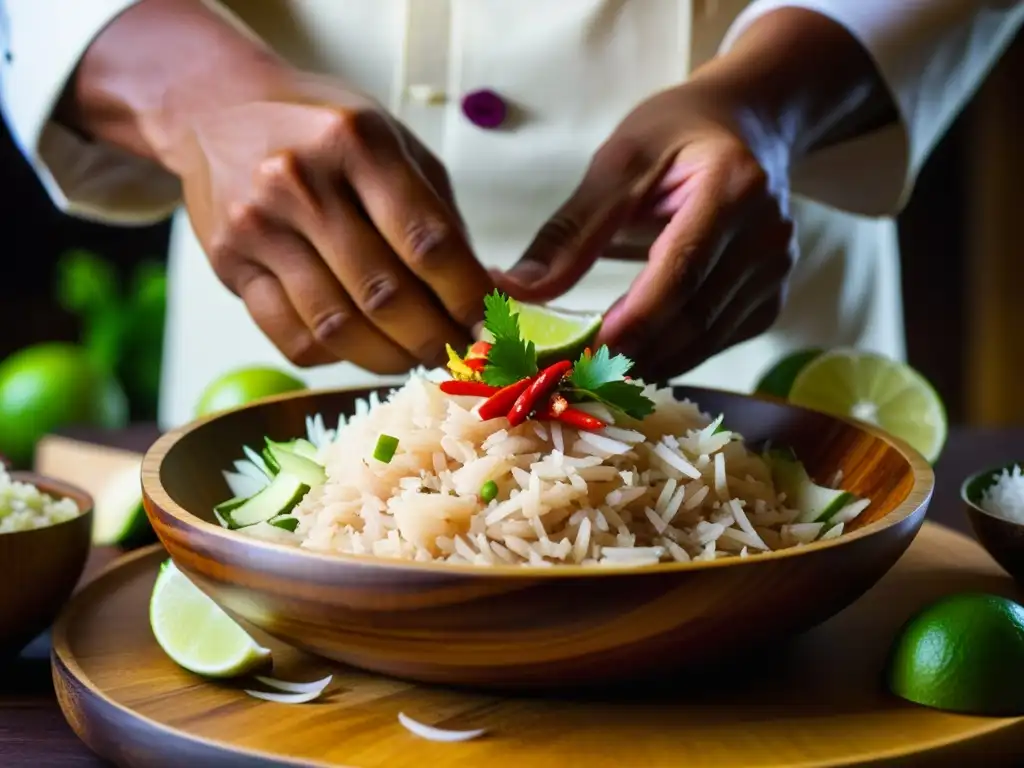 Un chef maldivio prepara Mas Huni, mezclando atún, coco, cebolla, chile y limón en un tazón de madera