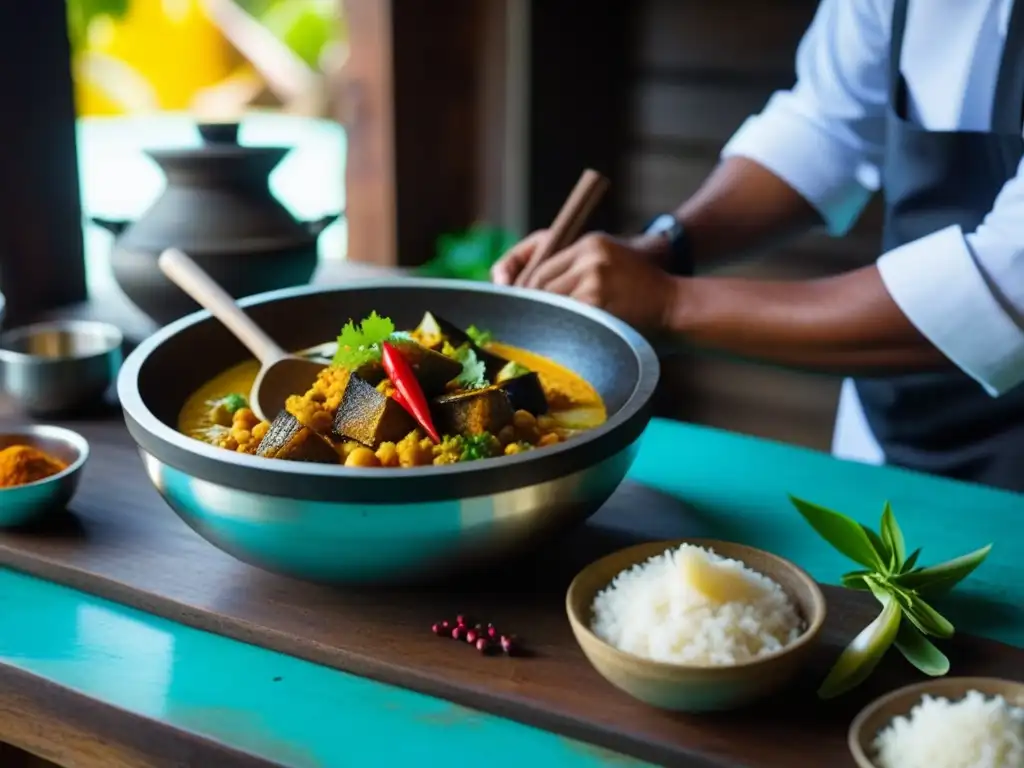 Un chef maldivio prepara un curry de mariscos en una cocina rústica frente al océano Índico